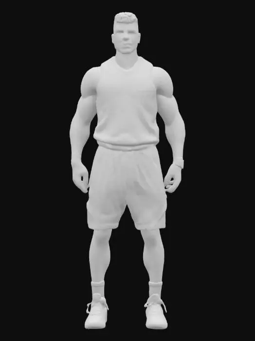 3D model for Ultra-detailed 3D model of an African American NBA player, around 30 years old. Tall, athletic build with defined muscles, sweat sheen, and visible veins. Wears official basketball uniform: sleeveless jersey, shorts, socks, and high-top sneakers with branding. Accessories include sweatbands and arm sleeve. Head features short hair or fade cut, focused game expression. Posed dribbling or standing in T-pose. 8K PBR textures for skin, fabric, leather, and decals. Clean UVs, watertight mesh, rigged for animation. Studio lighting with court-style reflections and sharp rim light. Ideal for sports games or cinematic scenes.