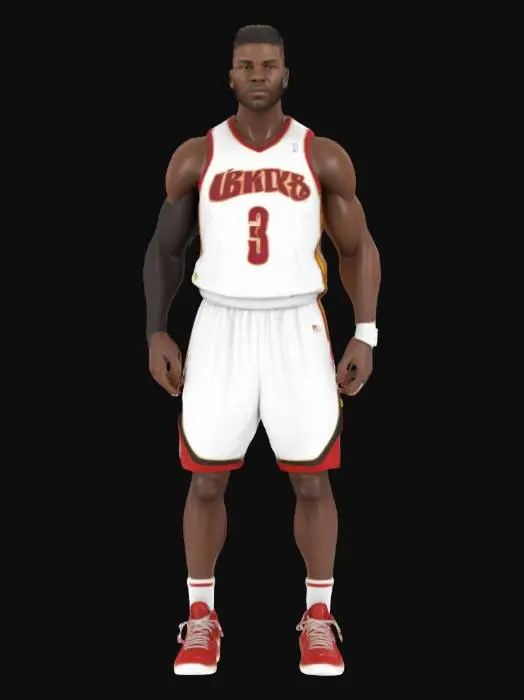 3D model for Ultra-detailed 3D model of an African American NBA player, around 30 years old. Tall, athletic build with defined muscles, sweat sheen, and visible veins. Wears official basketball uniform: sleeveless jersey, shorts, socks, and high-top sneakers with branding. Accessories include sweatbands and arm sleeve. Head features short hair or fade cut, focused game expression. Posed dribbling or standing in T-pose. 8K PBR textures for skin, fabric, leather, and decals. Clean UVs, watertight mesh, rigged for animation. Studio lighting with court-style reflections and sharp rim light. Ideal for sports games or cinematic scenes.