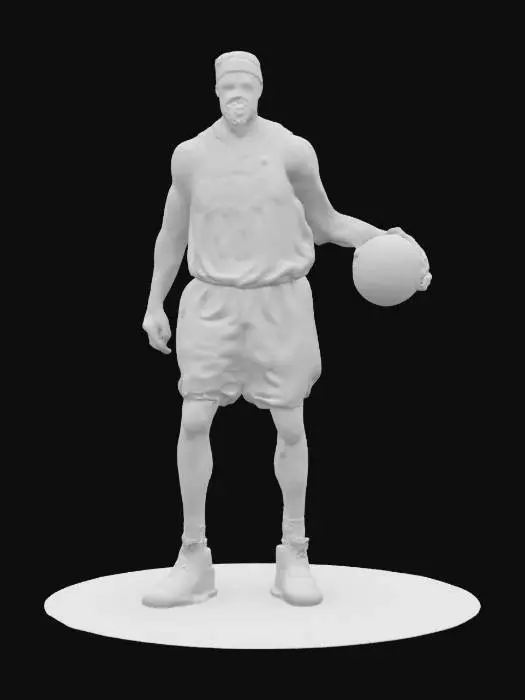 3D model for Ultra-detailed 3D model of an African American NBA player, around 30 years old. Tall, athletic build with defined muscles, sweat sheen, and visible veins. Wears official basketball uniform: sleeveless jersey, shorts, socks, and high-top sneakers with branding. Accessories include sweatbands and arm sleeve. Head features short hair or fade cut, focused game expression. Posed dribbling or standing in T-pose. 8K PBR textures for skin, fabric, leather, and decals. Clean UVs, watertight mesh, rigged for animation. Studio lighting with court-style reflections and sharp rim light. Ideal for sports games or cinematic scenes.