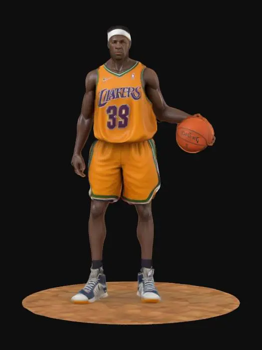3D model for Ultra-detailed 3D model of an African American NBA player, around 30 years old. Tall, athletic build with defined muscles, sweat sheen, and visible veins. Wears official basketball uniform: sleeveless jersey, shorts, socks, and high-top sneakers with branding. Accessories include sweatbands and arm sleeve. Head features short hair or fade cut, focused game expression. Posed dribbling or standing in T-pose. 8K PBR textures for skin, fabric, leather, and decals. Clean UVs, watertight mesh, rigged for animation. Studio lighting with court-style reflections and sharp rim light. Ideal for sports games or cinematic scenes.