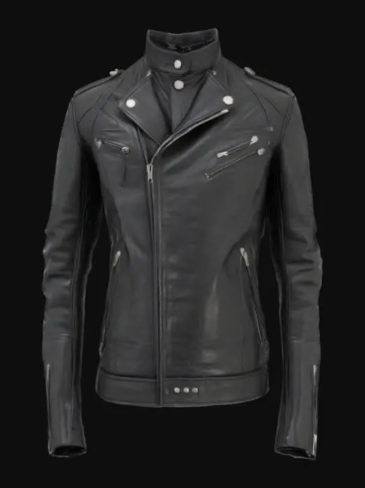 3D model for Ultra-detailed 3D model of a black leather biker jacket based on reference image. Features slim fit design with high collar, snap buttons, and multiple zippered pockets on chest and sides. Leather texture includes natural creases, light wear on edges, and semi-gloss finish. Visible stitching along seams and panels adds realism. Metal zippers and buttons have slight reflection and aging. 8K PBR textures for leather, metal, and thread. Clean UVs, watertight mesh, ideal for realistic characters or clothing customization in games and cinematics. Studio lighting enhances material richness and silhouette.