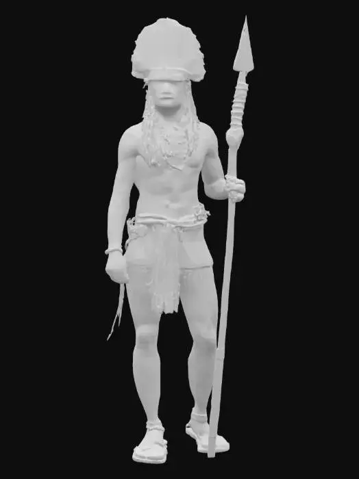 3D model for Ultra-detailed 3D model of a photorealistic Amazonian tribal warrior. Lean, athletic build with dark sun-kissed skin, natural body paint patterns, and tribal tattoos. Wears traditional accessories: feathered headdress, beaded necklaces, bone earrings, and woven loincloth. Carries a carved wooden spear or bow. Hair is long, braided or tied, with natural texture. Skin shows pores, scars, and sweat sheen. 8K PBR textures for skin, feathers, wood, fabric, and paint. Clean UVs, watertight mesh, rigged for animation. Studio lighting with jungle-toned ambient light enhances realism and cultural authenticity.