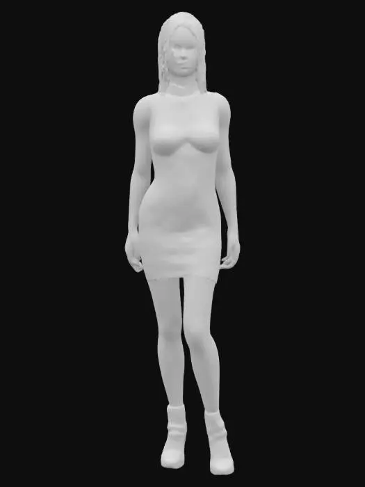 3D model for Ultra-detailed 3D model of a 25-year-old female character inspired by a high-fashion model. Blonde hair styled sleek or in loose waves, bright blue eyes, slender body with defined curves and full bust. Wears a form-fitting black leather dress that accentuates her figure, with subtle stitching, gloss finish, and high-fashion cut. Skin is flawless with soft glow and realistic pores. 8K PBR textures for leather, skin, and hair. Clean UVs, watertight mesh, rig-ready. Presented in neutral pose or T-POSE, ideal for fashion, cinematic, or character showcase scenes. Studio lighting enhances material depth and silhouette.