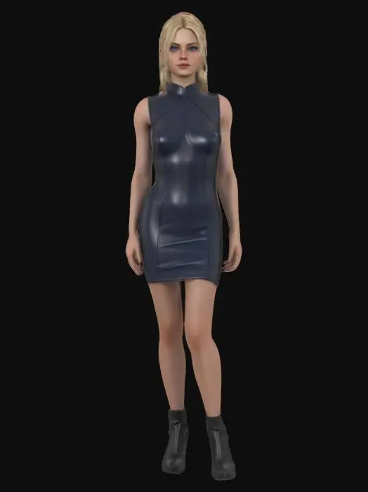 3D model for Ultra-detailed 3D model of a 25-year-old female character inspired by a high-fashion model. Blonde hair styled sleek or in loose waves, bright blue eyes, slender body with defined curves and full bust. Wears a form-fitting black leather dress that accentuates her figure, with subtle stitching, gloss finish, and high-fashion cut. Skin is flawless with soft glow and realistic pores. 8K PBR textures for leather, skin, and hair. Clean UVs, watertight mesh, rig-ready. Presented in neutral pose or T-POSE, ideal for fashion, cinematic, or character showcase scenes. Studio lighting enhances material depth and silhouette.