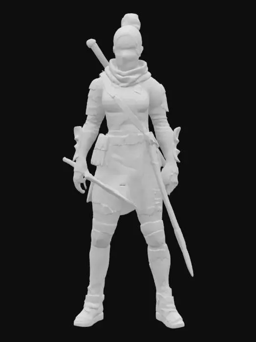 3D model for Ultra-detailed 3D model of a hyper-realistic female ninja. Athletic and agile build with defined muscles and smooth skin tone. Wears a tight-fitting black tactical shinobi suit with layered armor plating, fabric wraps, and utility straps. Face partially covered with a black mask, revealing sharp eyes and subtle makeup. Hair tied back in a sleek bun or braid. Equipped with twin katanas, shuriken holster, and throwing knives. Suit includes stitched textures, light dust, and subtle wear. 8K PBR textures for fabric, metal, leather, and skin. Clean UVs, watertight mesh, rig-ready. Studio lighting with strong contrast for stealth mood.