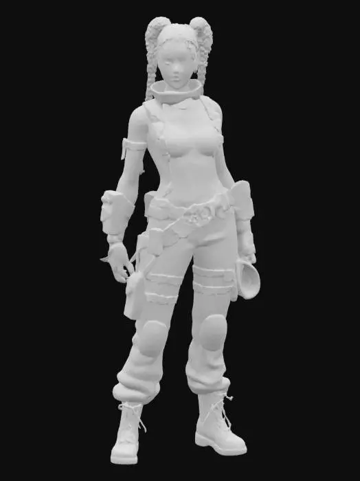 3D model for Hyperrealistic 3D model of a fantasy steampunk female technologist in a confident, forward-leaning pose with one hand holding a glowing multi-tool and the other resting on a utility belt. Wears a fitted steampunk jumpsuit with brass fittings, leather straps, and reinforced joints. Multiple compact devices with blinking lights and analog dials are attached to her torso and arms, softly pulsing with energy. Expression is focused and determined, eyes scanning the horizon. Hair is tied into a braided updo with loose strands framing the face. 8K sharp textures for metal, fabric, and skin. Ultra-detailed and game-ready.