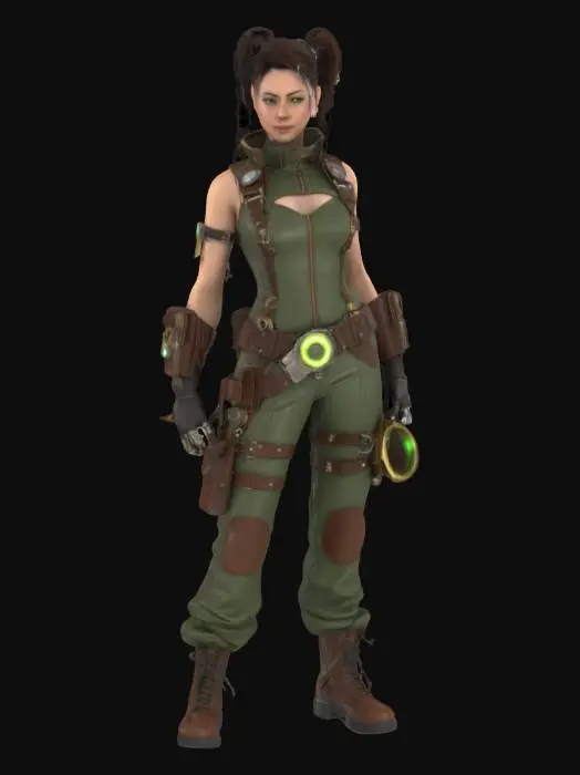 3D model for Hyperrealistic 3D model of a fantasy steampunk female technologist in a confident, forward-leaning pose with one hand holding a glowing multi-tool and the other resting on a utility belt. Wears a fitted steampunk jumpsuit with brass fittings, leather straps, and reinforced joints. Multiple compact devices with blinking lights and analog dials are attached to her torso and arms, softly pulsing with energy. Expression is focused and determined, eyes scanning the horizon. Hair is tied into a braided updo with loose strands framing the face. 8K sharp textures for metal, fabric, and skin. Ultra-detailed and game-ready.