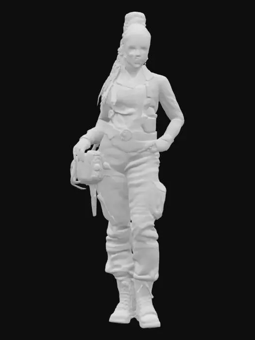 3D model for Hyperrealistic 3D model of a fantasy steampunk female technologist in a confident, forward-leaning pose with one hand holding a glowing multi-tool and the other resting on a utility belt. Wears a fitted steampunk jumpsuit with brass fittings, leather straps, and reinforced joints. Multiple compact devices with blinking lights and analog dials are attached to her torso and arms, softly pulsing with energy. Expression is focused and determined, eyes scanning the horizon. Hair is tied into a braided updo with loose strands framing the face. 8K sharp textures for metal, fabric, and skin. Ultra-detailed and game-ready.