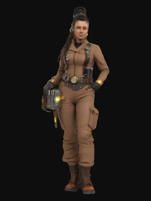 3D model for Hyperrealistic 3D model of a fantasy steampunk female technologist in a confident, forward-leaning pose with one hand holding a glowing multi-tool and the other resting on a utility belt. Wears a fitted steampunk jumpsuit with brass fittings, leather straps, and reinforced joints. Multiple compact devices with blinking lights and analog dials are attached to her torso and arms, softly pulsing with energy. Expression is focused and determined, eyes scanning the horizon. Hair is tied into a braided updo with loose strands framing the face. 8K sharp textures for metal, fabric, and skin. Ultra-detailed and game-ready.