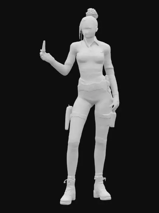 3D model for Hyperrealistic 3D model of a fantasy steampunk female technologist in a confident, forward-leaning pose with one hand holding a glowing multi-tool and the other resting on a utility belt. Wears a fitted steampunk jumpsuit with brass fittings, leather straps, and reinforced joints. Multiple compact devices with blinking lights and analog dials are attached to her torso and arms, softly pulsing with energy. Expression is focused and determined, eyes scanning the horizon. Hair is tied into a braided updo with loose strands framing the face. 8K sharp textures for metal, fabric, and skin. Ultra-detailed and game-ready.