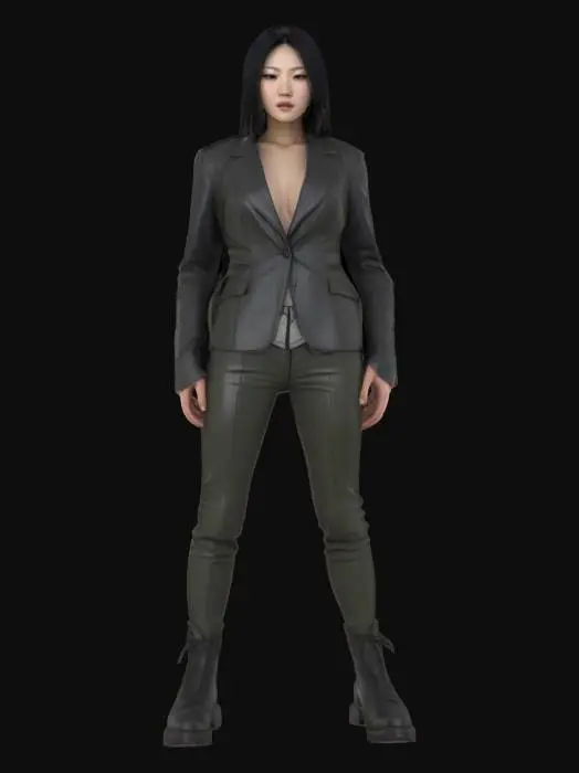 3D model for Ultra-detailed 3D model of a beautiful 25-year-old East Asian woman with long, straight black hair and flawless porcelain skin. Her face features delicate, symmetrical traits, subtle eyeliner, and an intense, intriguing gaze. Wears a sleek black leather camo suit, tailored and form-fitting, with matte and glossy texture variation, fine stitching, and tension folds. Posed in a static, composed stance with confident posture. Maximum realism on facial details: skin pores, soft blush, natural lips, and defined eyelashes. 8K PBR textures for leather, skin, eyes, and hair. Clean UVs, watertight mesh, ideal for cinematic and close-up rendering.