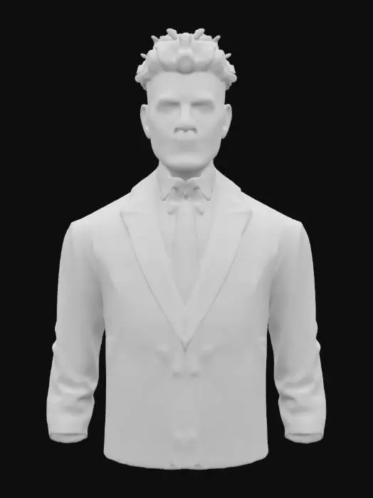 3D model for Ultra-detailed 3D model of an Afro-American male character with short curly black hair and a well-groomed black beard. Dressed in a sharp, tailored suit with fine fabric texture, subtle stitching, and polished dress shoes. Static pose with cinematic flair—confident stance, slight torso turn, intense yet composed facial expression. Hyper-realistic facial features: deep brown eyes, natural skin tone variation, defined jawline, and detailed hair strands. Hands relaxed at sides or adjusting cuff. 8K PBR textures for skin, fabric, hair, and leather. Clean UVs, watertight mesh, ideal for high-end rendering and animation.