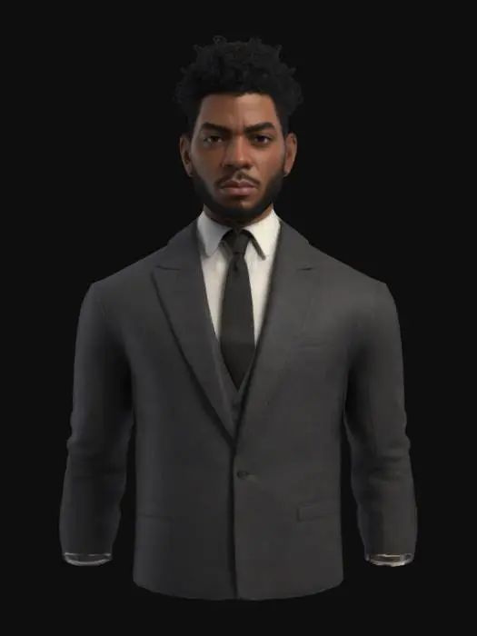 3D model for Ultra-detailed 3D model of an Afro-American male character with short curly black hair and a well-groomed black beard. Dressed in a sharp, tailored suit with fine fabric texture, subtle stitching, and polished dress shoes. Static pose with cinematic flair—confident stance, slight torso turn, intense yet composed facial expression. Hyper-realistic facial features: deep brown eyes, natural skin tone variation, defined jawline, and detailed hair strands. Hands relaxed at sides or adjusting cuff. 8K PBR textures for skin, fabric, hair, and leather. Clean UVs, watertight mesh, ideal for high-end rendering and animation.