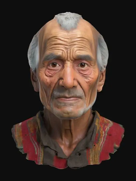 3D model for Ultra-detailed 3D model, half-bust portrait of an elderly Peruvian man with deep-set facial wrinkles, weathered skin, and expressive dark brown eyes. Static pose with cinematic composition, head slightly turned, conveying wisdom and resilience. Black hair, partially graying, combed back with natural irregularity. Wears a traditional woven textile draped over the shoulders with visible fibers and cultural patterns. Hyper-realistic facial details: pores, fine lines, sunspots, and beard stubble. 8K PBR textures for skin, hair, and fabric. Clean UVs, watertight mesh, ideal for ultra-definition portrait rendering and emotional character presentation.