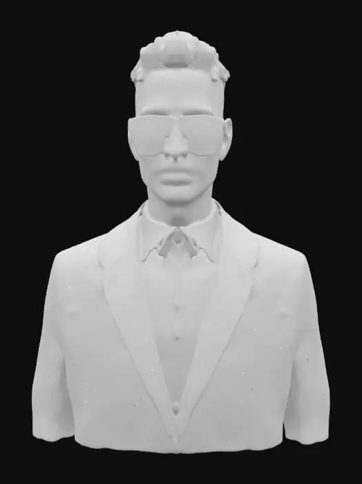 3D model for Ultra-detailed 3D model of a 30-year-old African-American man with short, neatly groomed hair and smooth skin. Dressed in a stylish dark suit with a crisp white shirt and tie, complemented by polished leather shoes and sleek black sunglasses. Static pose with cinematic posture—torso slightly angled, hands relaxed at sides, confident and composed facial expression. Face features rich skin texture, subtle pores, and natural lighting across cheekbones and jawline. Hair includes fine strand variation with natural sheen. 8K PBR textures for skin, fabric, accessories, and glasses. Clean UVs, watertight mesh, ideal for ultra-high-quality portrait rendering.