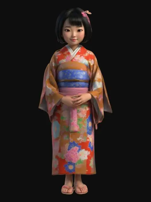 3D model for Ultra-detailed 3D model of a young Asian girl wearing a vibrant, traditional kimono adorned with colorful floral patterns and delicate fabric folds. Her straight black hair is styled in a neat bob or tied with decorative hairpins. Innocent facial expression with soft cheeks, almond-shaped brown eyes, and a subtle smile. Barefoot or in traditional sandals. Focus on realistic skin texture, fabric detail, and cultural accuracy. 8K PBR textures for skin, hair, fabric, and embroidery. Clean UVs, watertight mesh, optimized for high-resolution close-ups and animation-ready scenes.