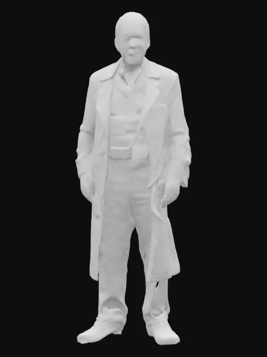 3D model for Ultra-detailed 3D full-body model inspired by Christopher Lloyd. Elderly male figure with lean frame and slightly hunched posture. Wears casual dark pants, weathered leather shoes, and a long beige or gray coat over a simple shirt. Receding white hair, expressive wrinkles, and distinctive facial features with intense gaze. Hands show aged texture, visible veins, and slight tremor in pose. Neutral stance, game-ready T-pose or relaxed position. 8K PBR textures for skin, hair, fabric, and leather. Clean UVs, watertight mesh, ideal for cinematic or narrative-driven projects with realistic lighting.