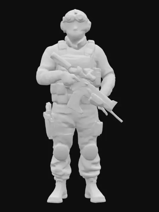 3D model for Ultra-detailed 3D model of a modern American SWAT soldier, fully geared for urban tactical operations. Wears matte black body armor with realistic fabric and Kevlar textures, reinforced vest with utility pouches, radio, and ammo. Helmet with night vision goggles flipped up, black visor, and chin strap. Face partially visible or covered with balaclava. Carries a realistic M4 rifle with tactical flashlight and scope. Gloves, knee pads, and rugged boots show subtle wear. 8K PBR textures for fabric, metal, plastic, and gear. Cinematic lighting with hard shadows and cool tones. Game- and film-ready.