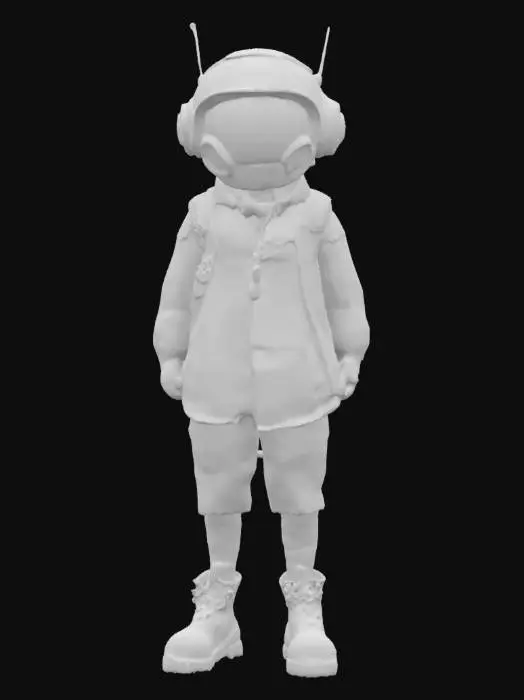 3D model for Ultra-detailed 3D model of a young adventurer child in retro-futuristic gear. Wears a large, weathered orange space helmet with metallic components, antennae, and visible wear. Outfit includes a tan jacket, dark rolled-up pants, and rugged brown boots with laces and layered socks. Carries a large, vintage leather backpack with buckles and gear attachments. Pose is relaxed with hands in pockets, facing sideways. Style blends steampunk, sci-fi, and explorer aesthetics. 8K PBR textures for metal, leather, fabric, and skin. Clean UVs, watertight mesh, ideal for animation, cinematic scenes, and stylized adventure games.