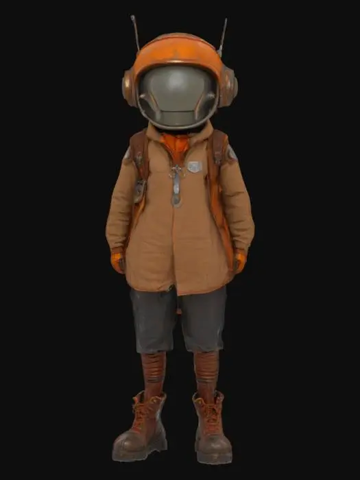 3D model for Ultra-detailed 3D model of a young adventurer child in retro-futuristic gear. Wears a large, weathered orange space helmet with metallic components, antennae, and visible wear. Outfit includes a tan jacket, dark rolled-up pants, and rugged brown boots with laces and layered socks. Carries a large, vintage leather backpack with buckles and gear attachments. Pose is relaxed with hands in pockets, facing sideways. Style blends steampunk, sci-fi, and explorer aesthetics. 8K PBR textures for metal, leather, fabric, and skin. Clean UVs, watertight mesh, ideal for animation, cinematic scenes, and stylized adventure games.