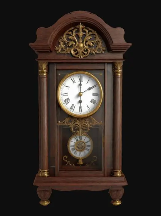 3D model for Ultra-detailed 3D model of an antique pendulum clock, game-ready. Crafted in aged mahogany wood with intricate carved details and brass accents. The pendulum is visible through a glass window with ornate framing. Roman numeral clock face with slight discoloration and weathered hands. Subtle surface wear on wood edges and metal parts adds realism. Includes 8K PBR textures: albedo, roughness, metallic, normal, and AO. Clean UV layout, optimized topology, watertight mesh—perfect for historical or mystery-themed game environments.