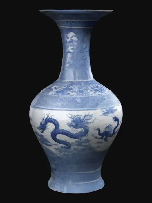 3D model for Ultra-detailed 3D model of a porcelain vase from the Ming Dynasty. Elegant, tall silhouette with a slightly flared rim and narrow neck. Covered in traditional blue and white glaze featuring intricate hand-painted floral and dragon motifs. Smooth glossy ceramic surface with visible glaze variations and fine craquelure patterns. Authentic proportions and historical accuracy. 8K PBR textures with emphasis on reflective ceramic finish, hand-painted detail, and subtle aging. Clean UVs, watertight mesh, ideal for museum-grade renders or historical game scenes.