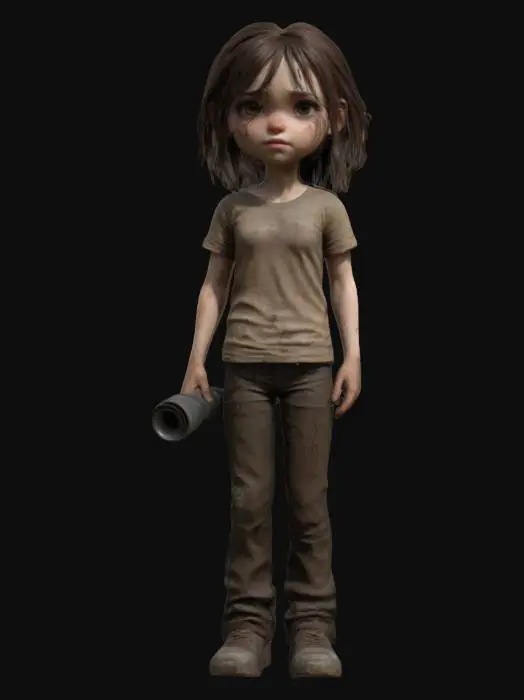 3D model for Ultra-detailed 3D model of a young girl (around 13) in a post-apocalyptic setting inspired by The Last of Us. She has pale skin, messy dark brown hair tied loosely, and a serious, focused expression. Wears a light brown t-shirt, slightly torn and weathered, and dark rugged pants with visible dirt and wear. She stands in a cinematic pose, facing forward, holding a flashlight in one hand casting soft directional light. Background suggests a ruined interior or overgrown urban decay. Emphasis on facial realism, expression, and texture detail. 8K PBR textures, clean UVs, optimized for animation and game use.
