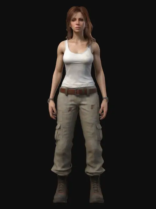 3D model for Ultra-detailed 3D model of a 30-year-old photorealistic female character in a post-war setting. She has brown eyes, medium-length chestnut hair, and a determined yet weary expression. Wears a slightly dirtied white tank top and fitted military cargo pants with worn textures. Skin shows light scars, dust, and sweat sheen. Pose is strong and cinematic—standing tall with shoulders squared, looking off-camera. Environment reflects post-conflict debris and smoky atmosphere. 8K PBR textures for skin, fabric, and dirt. Clean UVs, watertight mesh, optimized for cinematic scenes and close-ups.