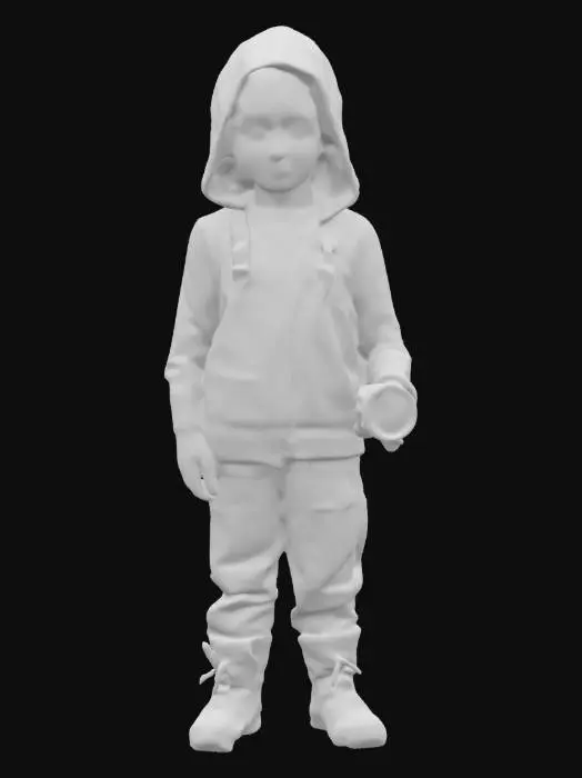 3D model for Ultra-detailed 3D model of a young boy (around 13) in a post-apocalyptic setting inspired by The Last of Us. He has light skin, short dark brown hair mostly hidden under a weathered hood, and a serious, alert expression. Wears a light brown hoodie with visible wear and dirt, and rugged dark pants with torn edges and stains. He stands in a cinematic pose, facing forward, holding a flashlight in one hand casting soft directional light. The background suggests a decaying interior or overgrown city ruins. High realism focus on facial features, clothing texture, and storytelling. 8K PBR textures, clean UVs, game-ready.
