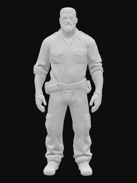 3D model for Ultra-detailed 3D model of a 45-year-old South American male, rugged and charismatic, with unkempt black beard and deep black eyes. Wears a slightly greasy dark-blue mechanic jumpsuit, sleeves rolled up, chest partially unzipped, revealing a stained undershirt. His expression is serious but confident. Clothing features visible stitching, oil stains, and fabric wrinkles. Character has muscular build, worn leather gloves in one hand, and a wrench tucked in his belt. Inspired by GTA 6 aesthetics. Game-ready, 8K PBR textures, clean UVs, high facial and fabric detail. Cinematic pose, optimized for animation and rendering.