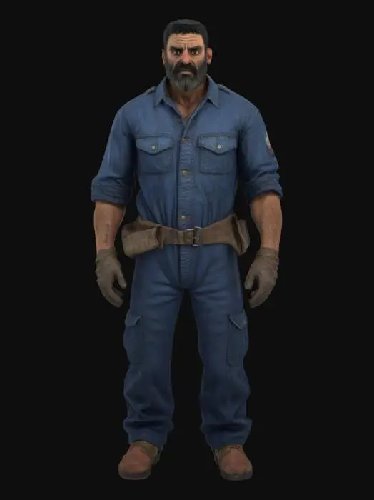3D model for Ultra-detailed 3D model of a 45-year-old South American male, rugged and charismatic, with unkempt black beard and deep black eyes. Wears a slightly greasy dark-blue mechanic jumpsuit, sleeves rolled up, chest partially unzipped, revealing a stained undershirt. His expression is serious but confident. Clothing features visible stitching, oil stains, and fabric wrinkles. Character has muscular build, worn leather gloves in one hand, and a wrench tucked in his belt. Inspired by GTA 6 aesthetics. Game-ready, 8K PBR textures, clean UVs, high facial and fabric detail. Cinematic pose, optimized for animation and rendering.