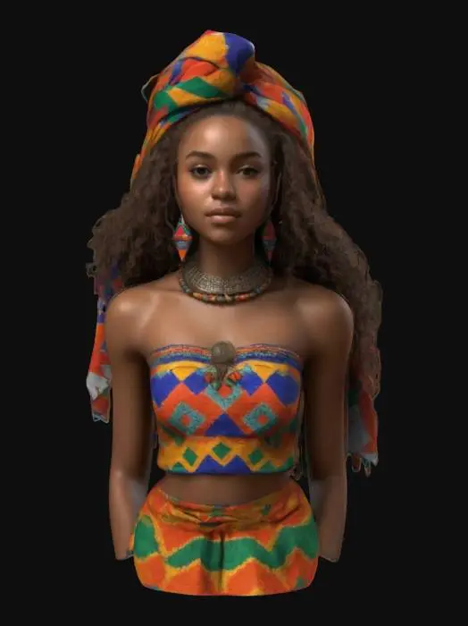 3D model for Ultra-detailed 3D model of a stunning 23-year-old South African woman with long, voluminous curly hair, smooth dark skin, and an athletic, elegant build. Wears vibrant traditional attire with colorful geometric patterns, beaded jewelry, and a wrapped headscarf. Posed in a graceful, cinematic stance with confident posture and a composed, engaging expression. Emphasis on high-resolution mesh detailing for facial features, clothing folds, beadwork, and fabric textures. 8K PBR textures, clean UVs, watertight mesh, ready for animation and close-up rendering. Soft studio lighting enhances realism and cultural authenticity.