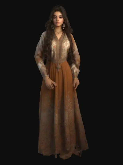 3D model for Ultra-detailed 3D model of a beautiful 23-year-old Persian girl with long, dark, curly hair and radiant skin. Elegant and well-groomed appearance, fit and graceful physique. Wears traditional Persian attire: richly patterned long dress with embroidered details, silk scarf draped over the shoulders, and delicate jewelry. Expressive brown eyes, defined brows, serene and confident expression. Cinematic pose, standing gracefully with hands gently at her sides. 8K PBR textures for skin, fabric, embroidery, and accessories. Clean UVs, watertight mesh, optimized for portrait and full-body rendering with soft, cinematic lighting.