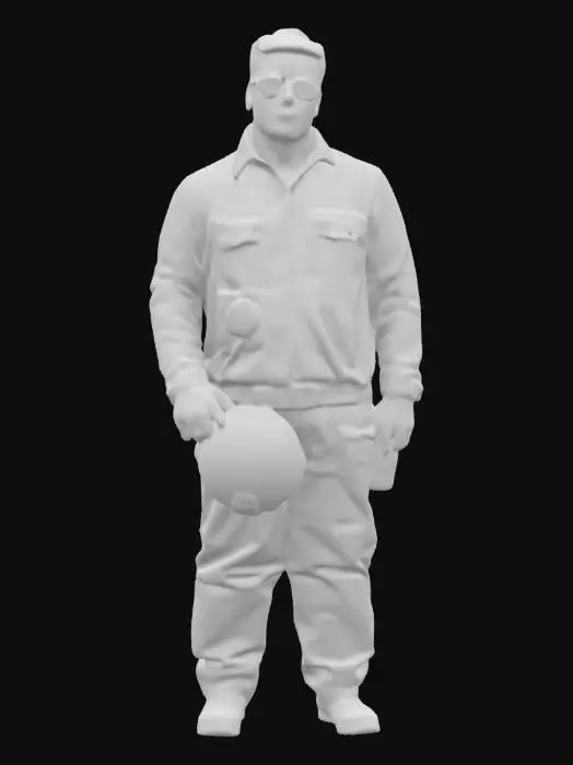 3D model for Ultra-detailed 3D model of a Top Gun-style aviator, male, early 30s, athletic build. Wears a green flight suit with authentic military patches, zip details, and utility straps. Aviator sunglasses, short clean haircut, confident facial expression. Holds a flight helmet under one arm, gloves tucked in belt. Standing in a cinematic pose, torso slightly turned, clear sky background. Emphasis on realistic fabric folds, stitching, and weathered textures. 8K PBR textures, clean UVs, watertight mesh, game-ready and optimized for animation.