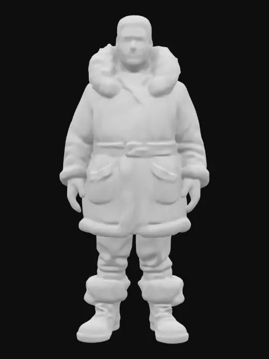 3D model for Ultra-detailed 3D model of a 25-year-old Inuit male wearing traditional Eskimo fur clothing. Thick fur-lined parka with natural textures, stitched details, and layered hides; hood trimmed with dense arctic fur. Wears matching fur mittens and boots adapted for snow. Rounded facial features, tan skin, dark almond-shaped eyes, and short black hair. Calm expression, standing in a relaxed yet proud cinematic pose. Emphasis on realistic fabric simulation and skin detail. 8K PBR textures, clean UVs, watertight mesh, game-ready and ideal for animation or close-up rendering.