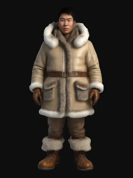3D model for Ultra-detailed 3D model of a 25-year-old Inuit male wearing traditional Eskimo fur clothing. Thick fur-lined parka with natural textures, stitched details, and layered hides; hood trimmed with dense arctic fur. Wears matching fur mittens and boots adapted for snow. Rounded facial features, tan skin, dark almond-shaped eyes, and short black hair. Calm expression, standing in a relaxed yet proud cinematic pose. Emphasis on realistic fabric simulation and skin detail. 8K PBR textures, clean UVs, watertight mesh, game-ready and ideal for animation or close-up rendering.