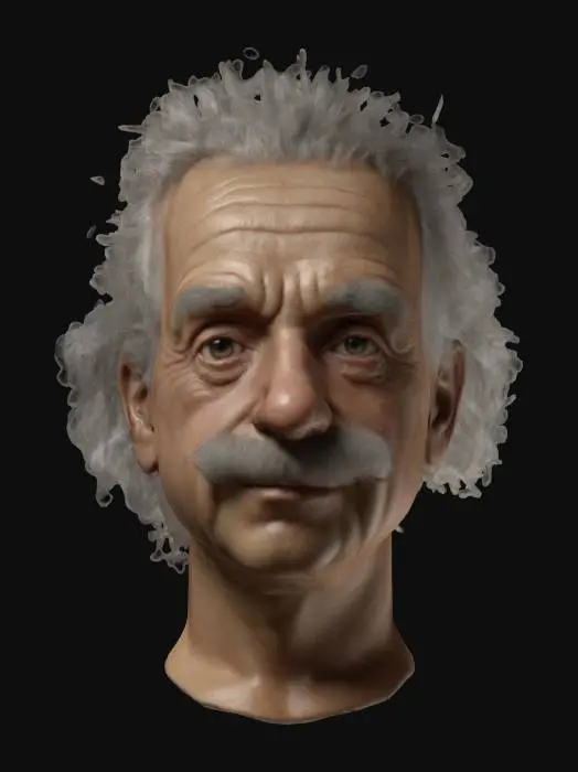 3D model for Ultra-detailed 3D portrait of Albert Einstein, photorealistic style. Focus on expressive facial features: deep wrinkles, prominent cheekbones, bushy eyebrows, and iconic wild white hair. Gentle, thoughtful expression with slight smile. Aged skin texture with visible pores and fine detail. Subtle lighting highlights facial contours and character depth. Clean UVs, 8K PBR textures optimized for ultra-high-resolution close-up rendering.
