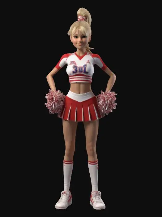 3D model for Ultra-detailed 3D model of an American cheerleader girl, around 22 years old, blonde with long straight hair tied in a high ponytail. Athletic and curvy physique, wearing a classic red and white cheerleader outfit with pleated skirt and matching top. White sneakers and pom-poms in hand. Confident and dynamic pose, slight smile, vibrant expression. 8K PBR textures for fabric, skin, and hair. Clean UVs, game-ready, photorealistic lighting for cinematic quality.
