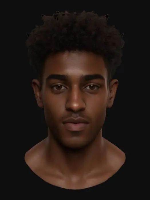 3D model for Ultra-detailed 3D portrait of a 25-year-old South African male. Deep brown skin with realistic texture and natural imperfections. Short, curly black hair with well-groomed edges, expressive dark brown eyes, and a calm, confident gaze. Subtle facial hair with a clean fade. Includes detailed facial pores, slight smile lines, and natural shading. Studio-quality cinematic lighting enhances bone structure and skin tone. 8K PBR textures, clean UVs, ideal for close-up shots and photorealistic renders.