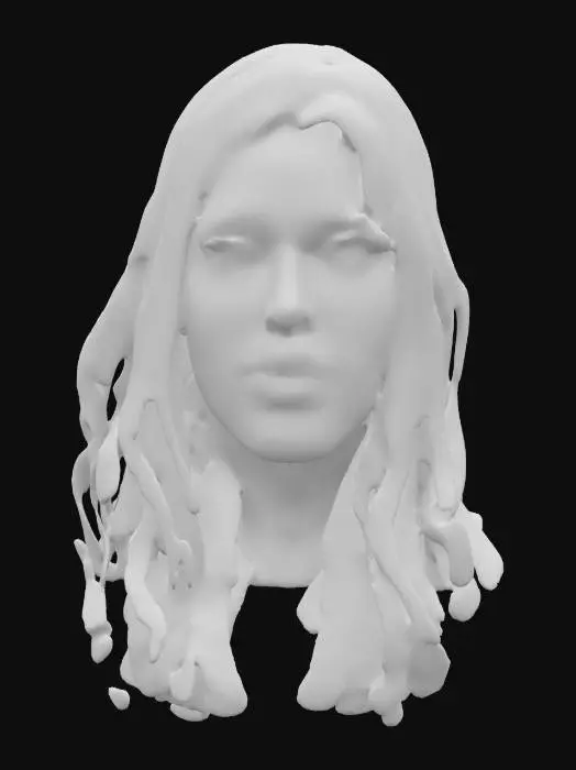 3D model for Ultra-detailed 3D portrait of a 28-year-old North American woman. Fair skin with soft freckles and natural texture, smooth complexion. Long, straight blonde hair tucked behind one ear, light blue eyes with a confident, serene gaze. Subtle makeup enhances cheekbones and lips. Expression is calm and poised. High-resolution detail on facial features, skin pores, and natural lighting highlights. 8K PBR textures, clean UVs, ideal for photorealistic close-up renders and cinematic scenes.