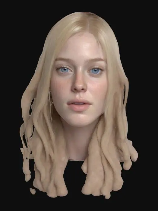 3D model for Ultra-detailed 3D portrait of a 28-year-old North American woman. Fair skin with soft freckles and natural texture, smooth complexion. Long, straight blonde hair tucked behind one ear, light blue eyes with a confident, serene gaze. Subtle makeup enhances cheekbones and lips. Expression is calm and poised. High-resolution detail on facial features, skin pores, and natural lighting highlights. 8K PBR textures, clean UVs, ideal for photorealistic close-up renders and cinematic scenes.