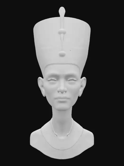 3D model for Ultra-realistic 3D portrait of Queen Nefertiti, featuring elegant symmetrical facial features, smooth almond-toned skin, and high cheekbones. She wears the iconic tall blue crown adorned with gold and a uraeus symbol. Her eyes are lined with black kohl, lips slightly full with a soft natural tone. Adorned with ornate golden jewelry: broad collar necklace, earrings, and subtle decorative accents. Lighting enhances sculptural beauty and fine skin details. 8K PBR textures, clean UVs, ideal for close-up renders and museum-quality digital presentation.