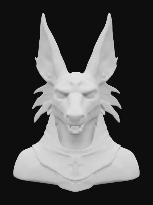 3D model for Ultra-realistic 3D portrait of the Egyptian god Anubis in frontal view, cinematic pose. Jackal-headed deity with black fur texture, gold-lined ears, glowing amber eyes. Wears an ornate pharaoh-style headdress and broad golden collar with hieroglyphic engravings. Skin and fur show detailed pores and hair strands. Armor-like chest piece with polished obsidian and gold trim. Background subtly dark with directional cinematic lighting highlighting facial features. 8K PBR textures, clean UVs, optimized for dramatic rendering and mythological atmosphere.