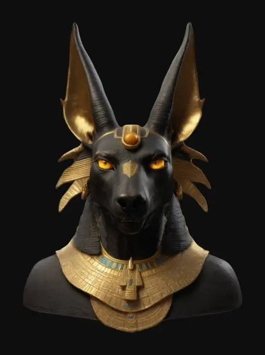 3D model for Ultra-realistic 3D portrait of the Egyptian god Anubis in frontal view, cinematic pose. Jackal-headed deity with black fur texture, gold-lined ears, glowing amber eyes. Wears an ornate pharaoh-style headdress and broad golden collar with hieroglyphic engravings. Skin and fur show detailed pores and hair strands. Armor-like chest piece with polished obsidian and gold trim. Background subtly dark with directional cinematic lighting highlighting facial features. 8K PBR textures, clean UVs, optimized for dramatic rendering and mythological atmosphere.