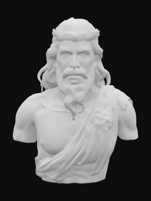3D model for Ultra-realistic 3D portrait of the Greek god Zeus in a cinematic pose. Powerful, mature male figure with long wavy white hair and a thick beard, piercing sky-blue eyes. Wears a white marble-textured toga with gold embroidery draped over one shoulder, and a laurel crown of golden leaves. Skin shows weathered detail, light scars, and veins under the surface. Subtle glow around head suggests divine aura. Dramatic lighting from above emphasizes strong facial structure. 8K PBR textures, detailed pores, clean UVs, watertight mesh—optimized for mythological character rendering.