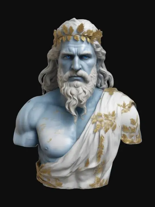 3D model for Ultra-realistic 3D portrait of the Greek god Zeus in a cinematic pose. Powerful, mature male figure with long wavy white hair and a thick beard, piercing sky-blue eyes. Wears a white marble-textured toga with gold embroidery draped over one shoulder, and a laurel crown of golden leaves. Skin shows weathered detail, light scars, and veins under the surface. Subtle glow around head suggests divine aura. Dramatic lighting from above emphasizes strong facial structure. 8K PBR textures, detailed pores, clean UVs, watertight mesh—optimized for mythological character rendering.
