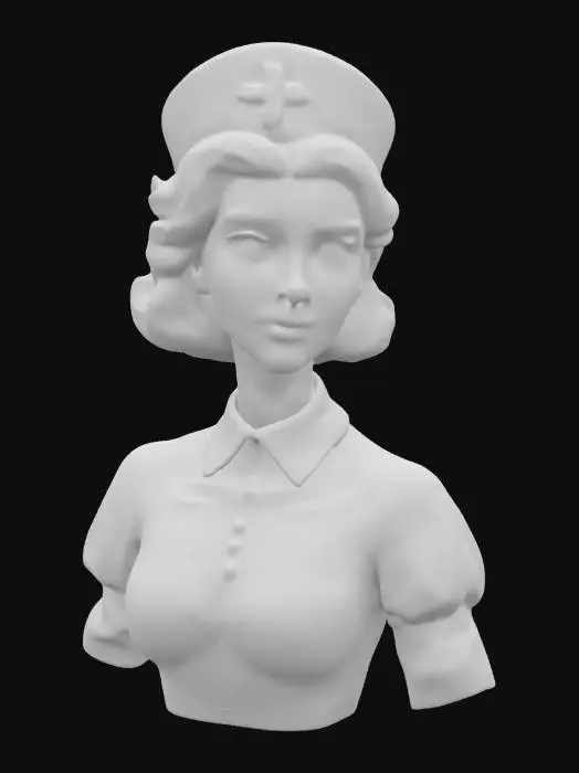 3D model for Ultra-realistic 3D portrait of a 1930s nurse. Wears a crisp white vintage nurse uniform with a high collar and puffed sleeves, complete with a starched nurse’s cap featuring a red cross emblem. Her hairstyle is in soft 1930s waves, chestnut brown, neatly pinned. Facial expression is calm, caring, and composed, with subtle makeup and warm skin tone. Fine cloth texture, embroidered details, and era-accurate buttons. 8K PBR textures, visible fabric grain, natural skin pores, and lighting optimized for cinematic close-up rendering.