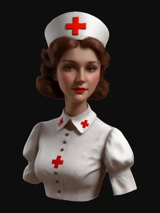 3D model for Ultra-realistic 3D portrait of a 1930s nurse. Wears a crisp white vintage nurse uniform with a high collar and puffed sleeves, complete with a starched nurse’s cap featuring a red cross emblem. Her hairstyle is in soft 1930s waves, chestnut brown, neatly pinned. Facial expression is calm, caring, and composed, with subtle makeup and warm skin tone. Fine cloth texture, embroidered details, and era-accurate buttons. 8K PBR textures, visible fabric grain, natural skin pores, and lighting optimized for cinematic close-up rendering.