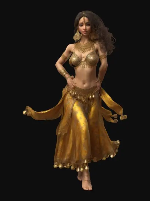 3D model for Ultra-detailed 3D full-body model of a belly dancer in traditional attire. She wears a richly decorated top with golden coins, a flowing silk skirt with layered fabric, and a matching hip scarf adorned with bells. Her pose is graceful and dynamic, mid-dance, with arms raised and one foot slightly lifted. Long dark wavy hair, expressive eyes, and subtle makeup. Accessories include bangles, earrings, and a decorative headpiece. 8K PBR textures for skin, fabrics, and metallic details. Clean UVs, watertight mesh, cinematic lighting for maximum realism and cultural authenticity.