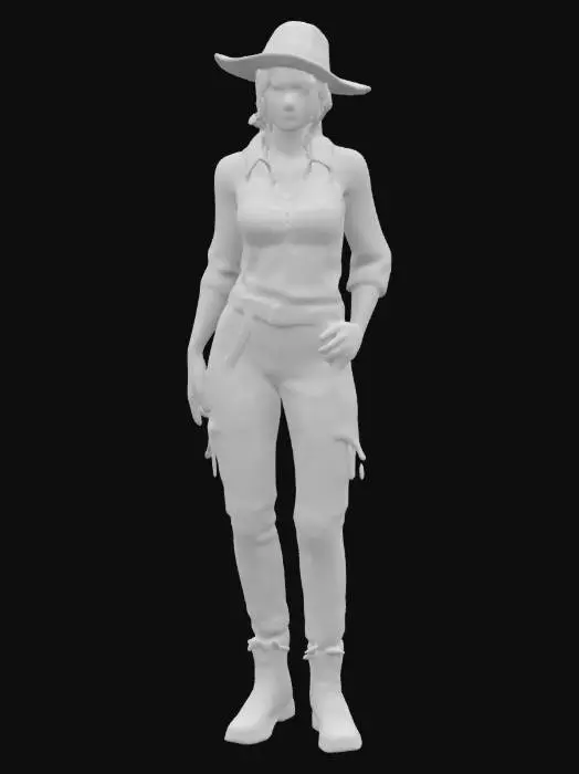 3D model for Ultra-realistic full-body 3D model of a female archaeologist in a cinematic pose. Wears a beige field shirt with rolled-up sleeves, khaki cargo pants, rugged boots, and a wide-brimmed hat. Leather satchel slung over the shoulder, gloves tucked in belt. Dusty clothing with realistic wear and fabric folds. Slightly tanned skin, light freckles, focused and determined expression. Background lighting emulates warm desert sunlight. 8K PBR textures, clean UVs, optimized for animation and game use, cinematic-grade detailing.